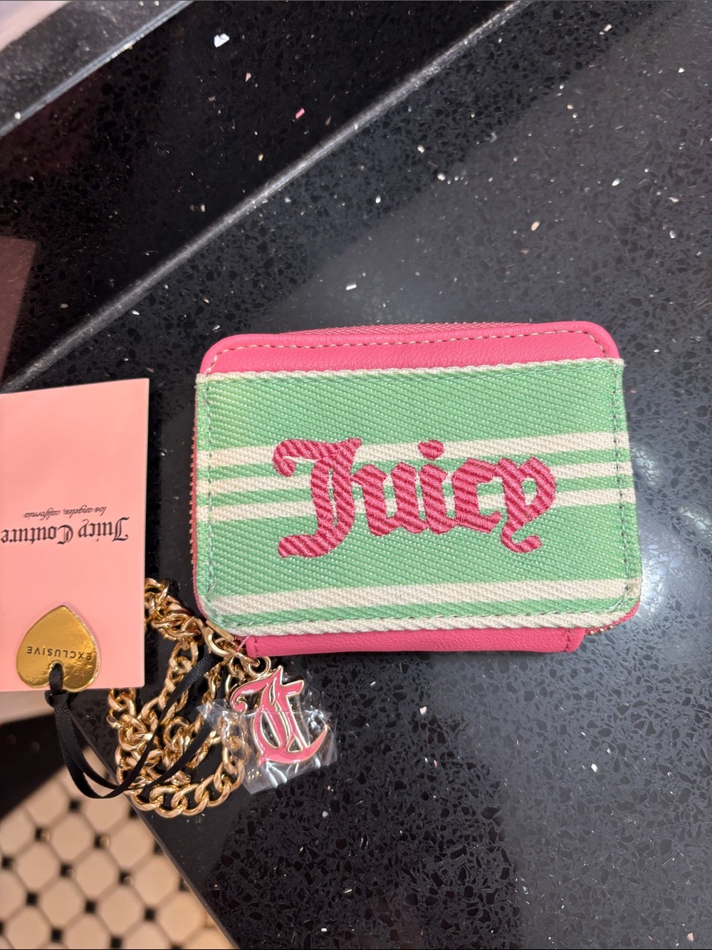 NWT Juicy Couture Pink & Green Stripe Card Case with Chain Charm